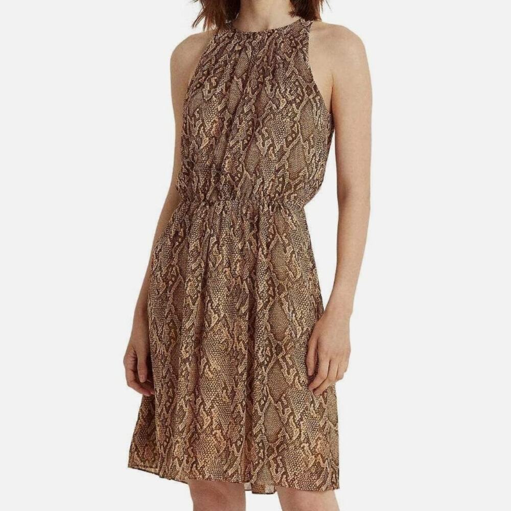 Ralph Lauren Size 14 Brown Python Snakeskin Sleeveless Dress Knee length Flowy